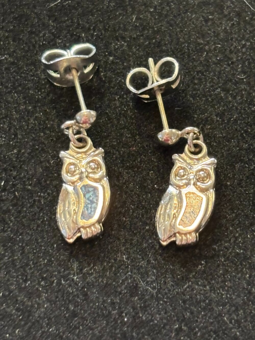 Vintage Silver Tone Owls with Turquoise Inlay Dangle Earrings